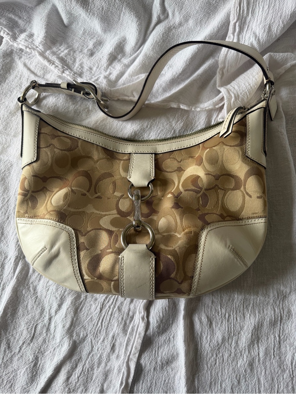 Coach Khaki and Chalk Signature Canvas Hobo